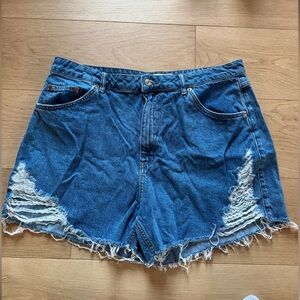 Topshop Dark Blue Distressed High-Rise Denim Shorts